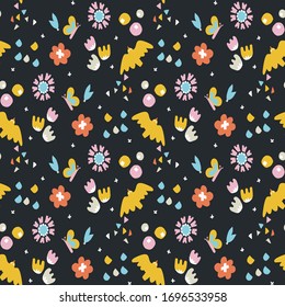 Dark floral boho shapes seamless vector background pattern. Stylized paper cut out birdies, flower shape texture. Fashion kawaii dense decor swatch. Decorative bright flat color fun all over print
