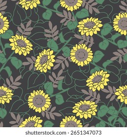 Dark Floral Botany Garden Sunflower Bloom Pattern. Perfect for floral textile prints, wrapping paper, wallpaper, and vintage garden-themed designs.