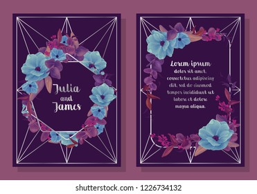 Dark floral design for invitation, greeting card. Bouquet, wreath of light blue anemone flowers, various foliage, plants, twigs, eucalyptus. Cold winter colors: purple, blue. Silver frame, lines.