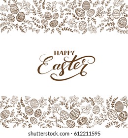 Dark floral elements with decorative eggs and lettering Happy Easter on white background, illustration.
