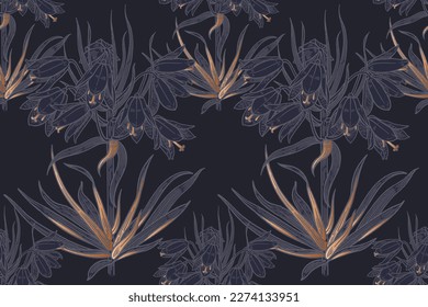 Dark floral luxury seamless pattern. Spring Bulb Flowers. Black and gold foil printing. Template for textile, wallpaper, paper. Vintage. Vector art illustration.