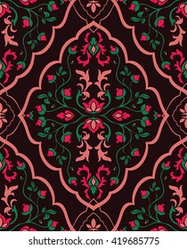 Dark floral ornament. Template for oriental carpets, textiles, wallpaper, shawl and any surface. Seamless vector pattern of pink and green colors on a dark background.