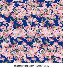 Dark floral pattern with blooming cherry and apple flowers. Japanese, Korean, Indonesian motifs. Summer textile collection. Pink on blue.
