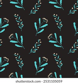 Dark floral pattern with blue leaves and berries on black background. Hand drawing twigs. Vector illustration