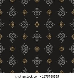 Dark Floral Pattern | Colors: Black, Gold, Gray | Modern Background Vector | Seamless Wallpaper For Your Design