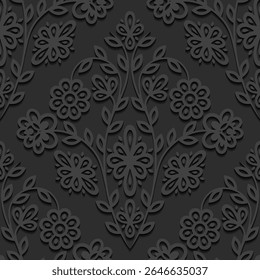A dark floral pattern featuring intricate designs of flowers and vines, suitable for backgrounds or decorative purposes.