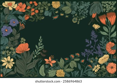 Dark floral pattern, featuring a variety of colorful flowers against a dark background.