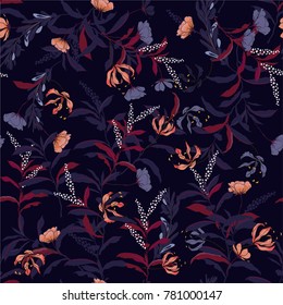 Dark Floral pattern in the many kind of flowers and leaves .Outline botanical Motifs scattered random. Seamless vector texture. For fashion prints. Printing with in hand drawn style on navy blue Dark Floral pattern in the many kind of flowers and leaves .Outline botanical Motifs scattered random. Seamless vector texture. For fashion prints. Printing with in hand drawn style on navy blue