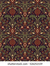 Dark floral pattern. Seamless rich European ornament of the Victorian era. Stylized colorful template for wallpaper, textile, bedspread, curtain, shawl, tile, carpet and any surface.