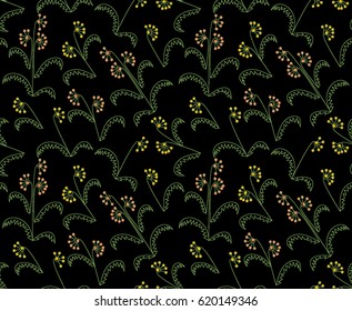 Dark Floral Pattern with Simple Little Flowers On Black Background. Bright Calico in Retro Style. Ornament for Wallpaper, Chintz, Fabric or Textile in Vintage Desaturated Colors.