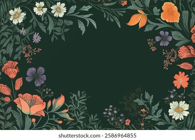 Dark floral pattern with a vibrant array of flowers and foliage on a dark background.