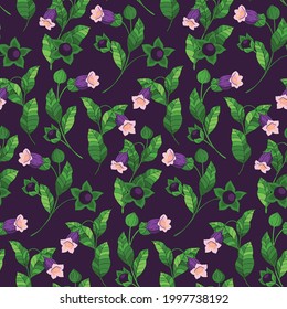 Dark floral print with poisonous belladonna. Seamless pattern with belladonna bushes: delicate purple flowers on stems, dark berries and leaves. Vector.