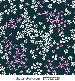 Dark floral print. Small spring wildflowers. Template for scarves, dresses, swimwear. Vintage textile collection.