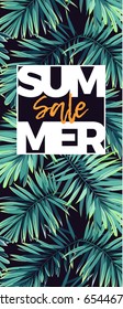 Dark floral sale design with exotic plants. Vector tropical banner with green phoenix palm leaves.