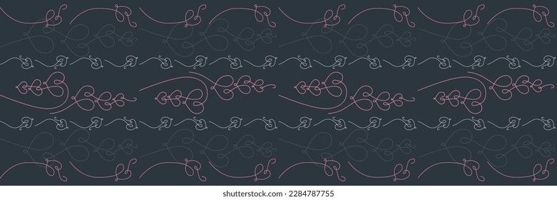 Dark floral seamless border with stylized hearts and vines. Horizontal border for decorative ribbon, card, frame or other using. Vector illustration.