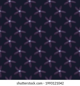 Dark floral seamless doodle pattern with hand drawn flowers mandarin silhouettes. Purple colored print. Perfect for fabric design, textile print, wrapping, cover. Vector illustration.