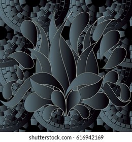 Dark floral  seamless pattern background wallpaper illustration with vintage black  3d paisley flowers,  leaves, radial circles and abstract modern ornaments. Vector surface texture