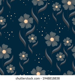 dark floral seamless pattern. beautiful beige gray flowers of different sizes with curved stems and leaves randomly arranged on a dark background. vector