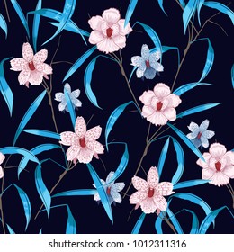 Flor oscura sin fisuras trazo flor de las manos dibujando flores Botánicas Seamless textura vectorial sin costura. Elegante plantilla para impresiones de moda. Impresión con estilo dibujado a mano en azul marino