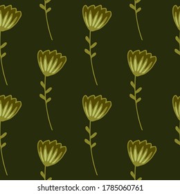 Patrón floral oscuro sin costuras con flores abstractas contorsionadas. Diseño en paleta dorada y tonos amarillos y verdes. Impresión decorativa para papel pintado, papel envolvente, papel textil, tela. Vector