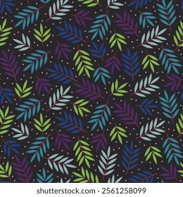 Dark floral seamless pattern design featuring multicolor abstract leaves and polka dots. Allover print foliage leafy texture on black background. 