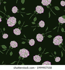 Dark floral seamless pattern with hydranges flower pink random silhouettes. Black background. Vector illustration for seasonal textile prints, fabric, banners, backdrops and wallpapers.