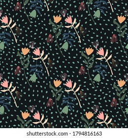 Dark floral seamless tulip pattern. Multicolor flower silhouetes ornament with black dotted background. Perfect for wallpaper, textile, wrapping paper, fabric print. Vector illustration.
