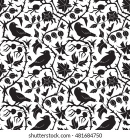 Dark floral seamless vector pattern with crow, dog-rose and gooseberry in black and white