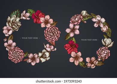 Dark Floral Wreath of hibiscus, plum flowers, peach flowers, sakura flowers, magnolia flowers, camellia japonica