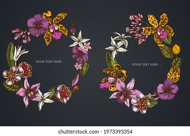 Dark Floral Wreath of laelia, feijoa flowers, glory bush, papilio torquatus, cinchona, cattleya aclandiae