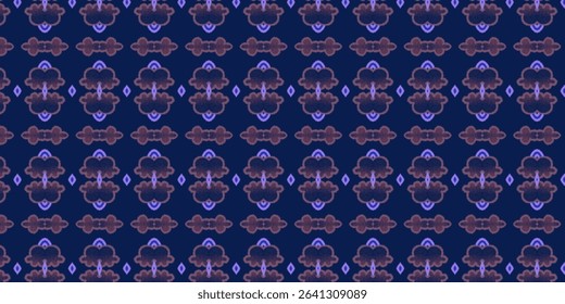 Dark floral-inspired seamless pattern with symmetrical lavender and plum motifs. Ideal for textiles, wallpaper, and fashion. Abstract, seamless, floral, dark, textile.