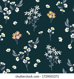 Dark flourish pattern. Seamless print with blooming flowers. Vintage collection. Template for textile design, cards, wallpapers, gift wrappings.