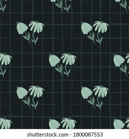 Dunkle Blume nahtloses Muster mit stilisiertem Ornament. Hellblaue Gänseblümchen auf Hintergrund mit Scheck. Entworfen für Tapete, Textilien, Wickelpapier, Stoffdruck. Vektorgrafik.