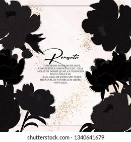 Dark flowers illustration. Floral peony design for cosmetics, perfume, beauty care products. Can be used as greeting card, wedding invitation
