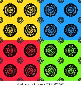 dark flowers with tiny black atom isolated on four color background, seamless art color vector background illustration.