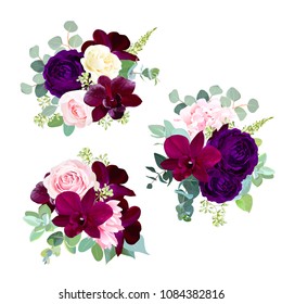 Dark flowers vector design seasonal bouquets. Purple garden rose, burgundy red orchid, pink and yellow rose, hydrangea, seeded eucalyptus, greenery, succulents.All elements are isolated and editable