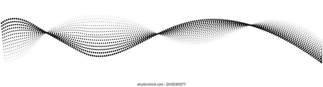 Puntos de flujo oscuros. Patrón de ondas de partículas en blanco y negro de tono medio. Concepto vectorial de tecnología, ciencia, música, moderno.
