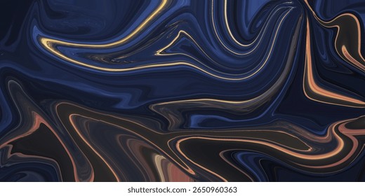 A arte fluida escura com linhas brilhantes de laranja e ouro cria uma atmosfera misteriosa e elegante. Excelente para tecnologia ou design de luxo.