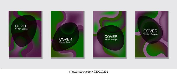 Dark fluid color covers set trendy vector design for business brochure, booklet, flyer. Colorful bubble shapes composition with gradients. Brochure cover design future geometric A4 templates.