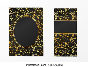 Dark flyer and brochure template with golden elegant pattern on white