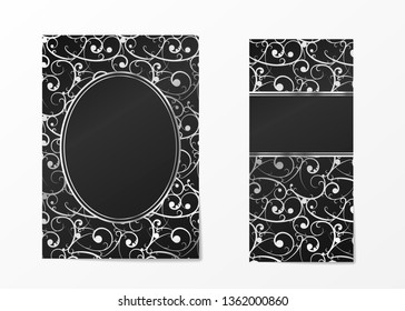 Dark flyer and brochure template with silver elegant pattern on white