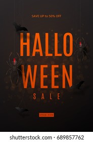Dark flyer for halloween sale. Festive card with spiders on spider web. Vector illustration with paper bats.