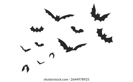 Dark flying bat silhouettes in a creepy Halloween swarm. Isolated vector design with spooky night atmosphere. Great for horror, Dracula, or gothic graphics.