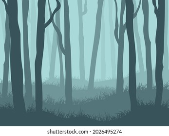 Paisaje de bosque de niebla oscura. Fondo del vector abstracto