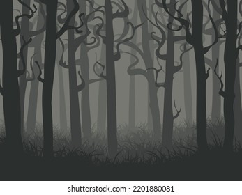 Dark foggy forest landscape. Abstract vector background
