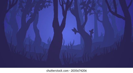 Dark foggy forest vector illustration. Spooky trees at night. Scary woody landscape.