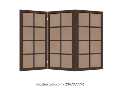 Dark folding screen with wooden frame and glass or paper walls to use in toilet room as divider. Three-fold paravan in japan style. Vector illustration.