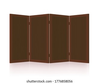 dark Folding wooden screen room divider. , Foldable vintage partition -,, Rustic retro four-part piece of interior furniture. Isolated vector illustration on white background.