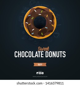 Dark food card. Donuts with pink and chocolate glaze. Hand draw doodle background