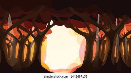 Dark forest in autumn. Sun light from sky through leaves. Orange color represent falls. EPS10, VECTOR, Illustration. Resolution 16:9.